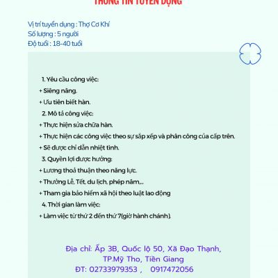 Tuyển dụng Thợ cơ khí