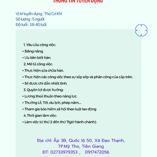 Tuyển dụng Thợ cơ khí